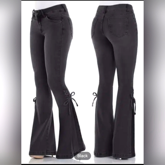 Denim - Women's Black Bell Bottom Stretchy Jeans with Lace-Up Bottoms